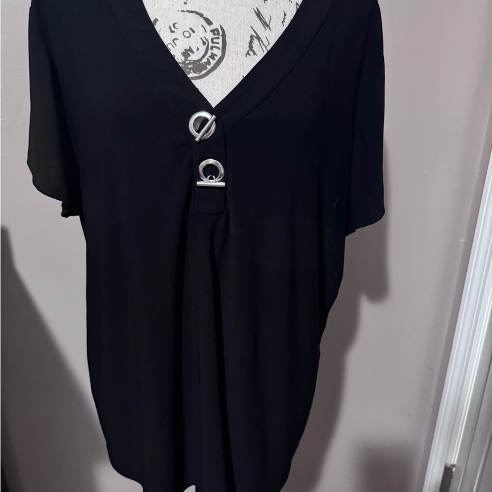 Black Women's V-Neck Top with Silver Ring Accents